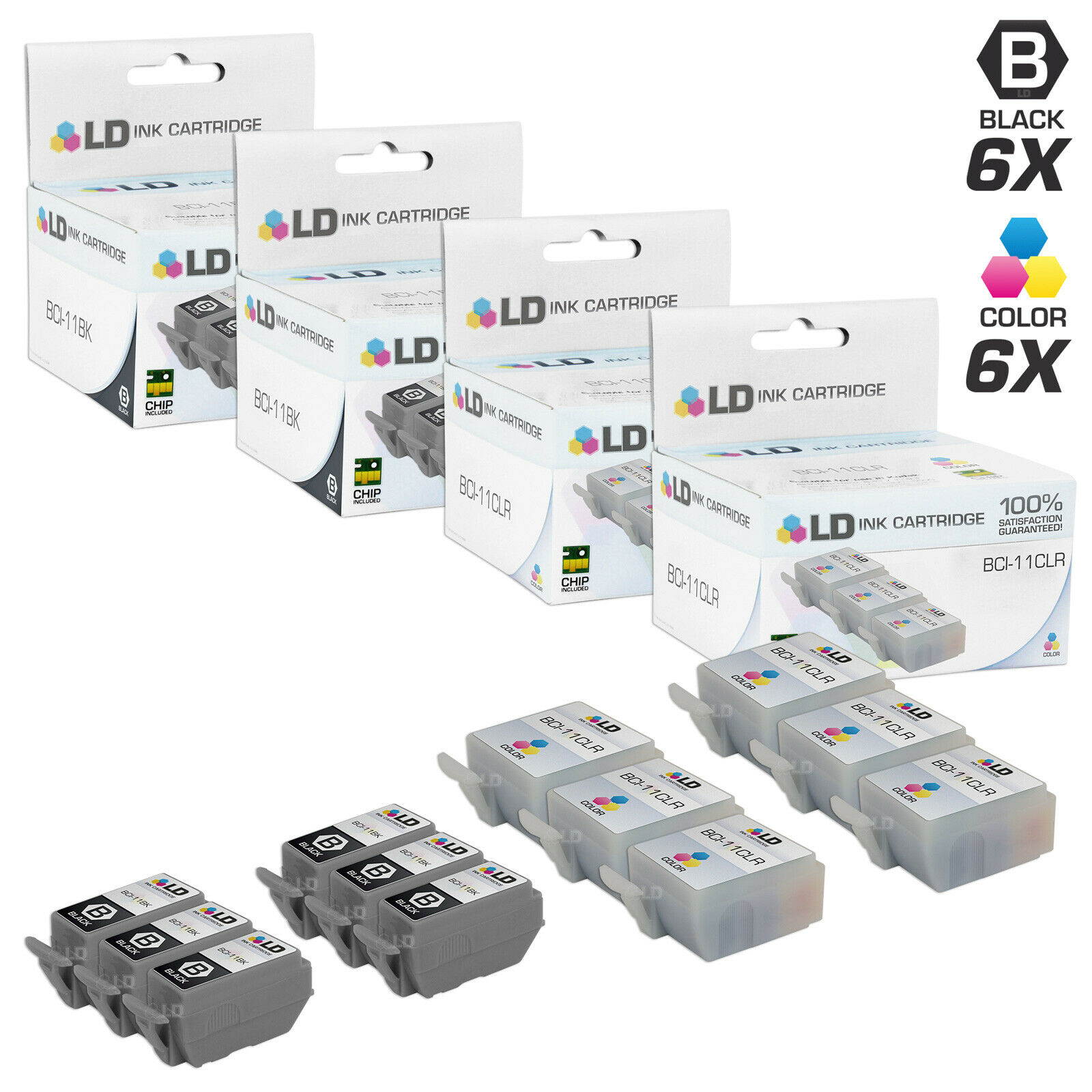LD Compatible Canon BCI-11 Set of 12 Cartridges: 6 BCI-11BK / 6 BCI-11CLR