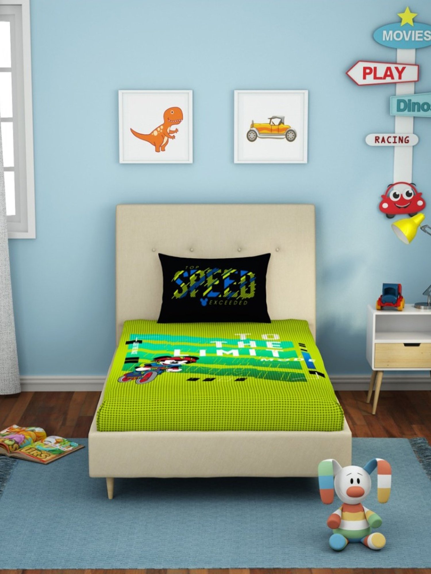 Spaces Character based Green 180 TC Cotton Single Bed Sheet with 1 Pillow Cover