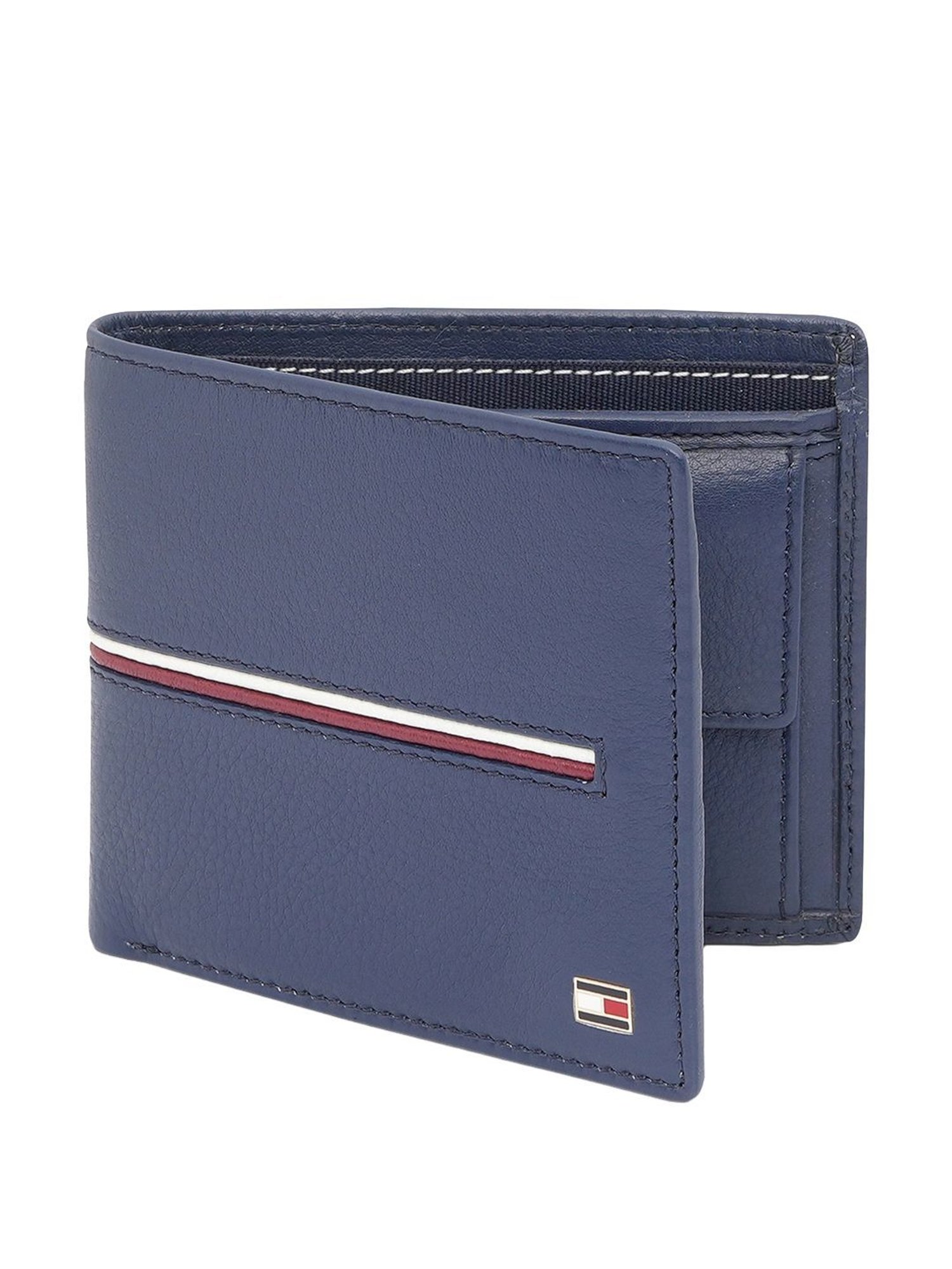 TOMMY HILFIGER Glasgow Navy Leather Striped Bi-Fold Wallet for Men