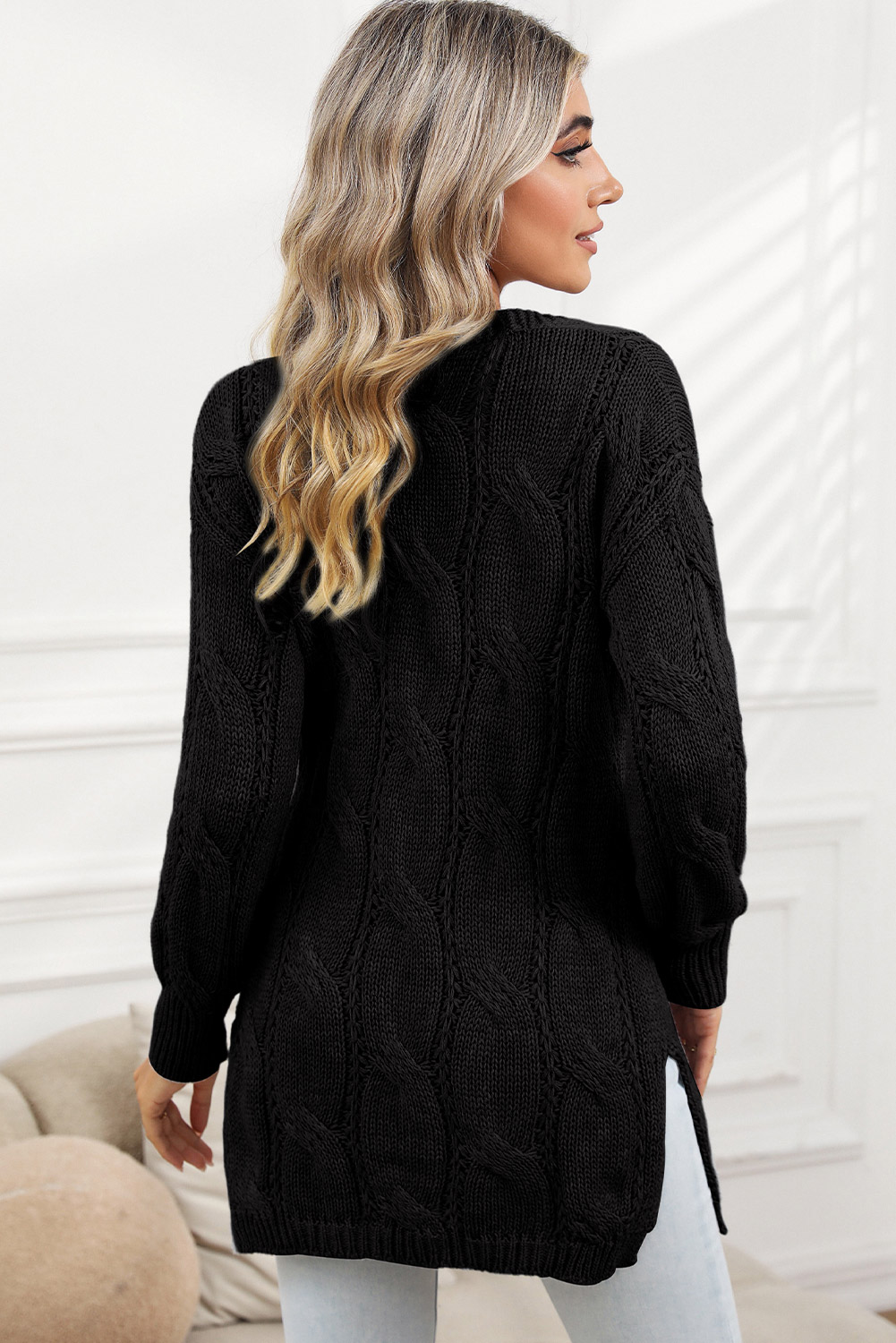 Black Ribbed Trim Hollow Knit Side Slits Cardigan