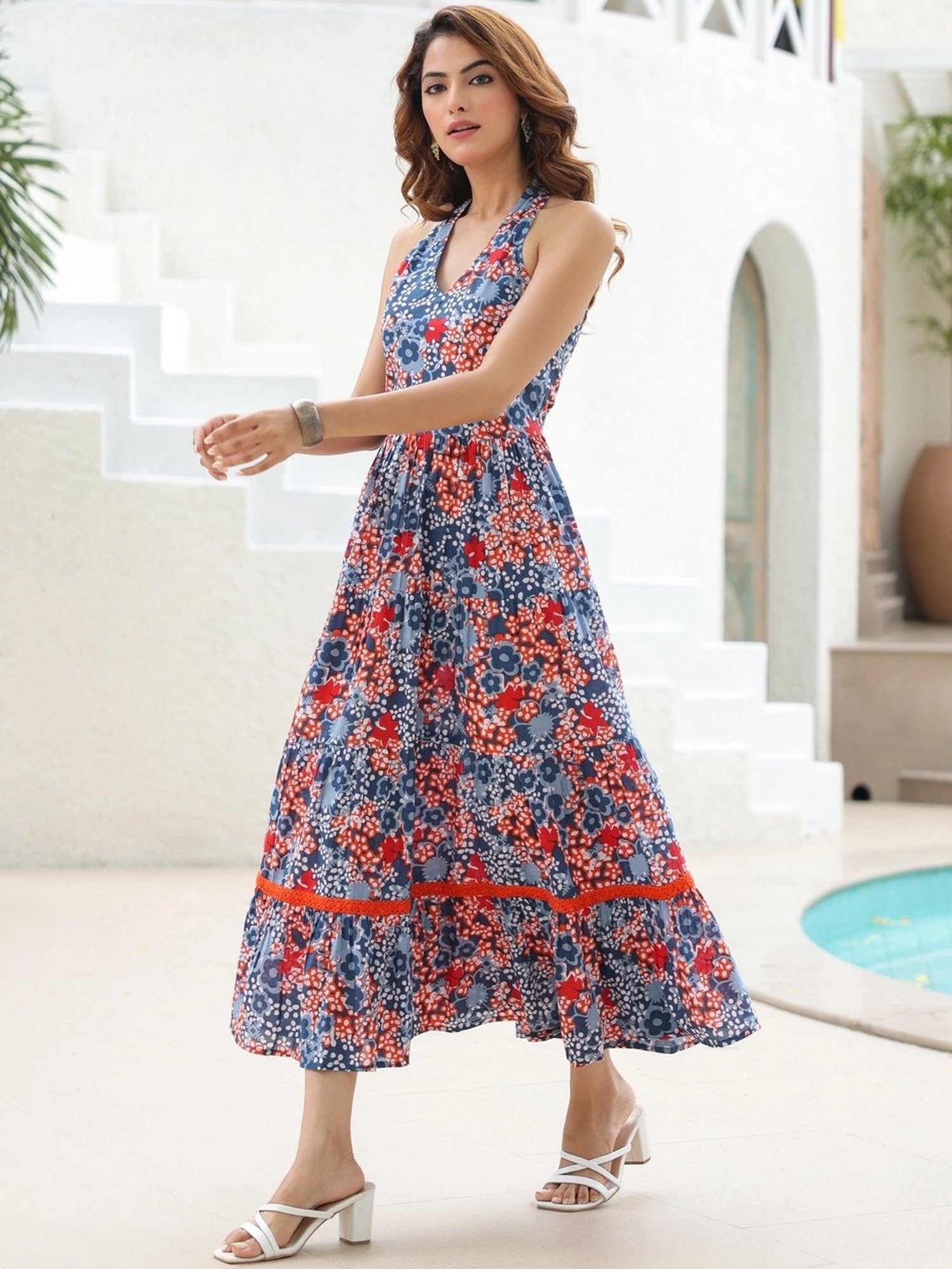 Rain and Rainbow Blue & Red Cotton Floral Print A-Line Dress