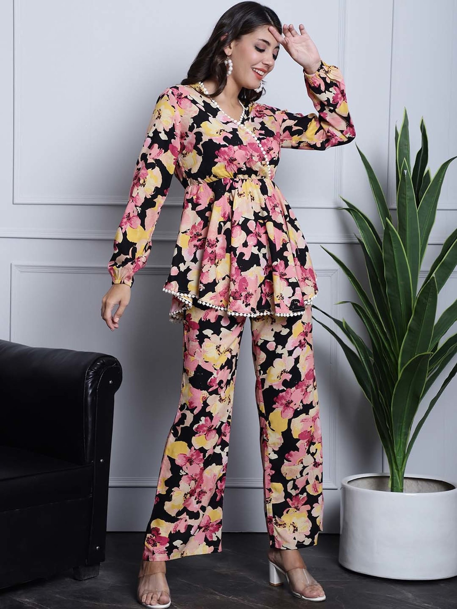 Claura Multicolored Floral Print Top Pant Set