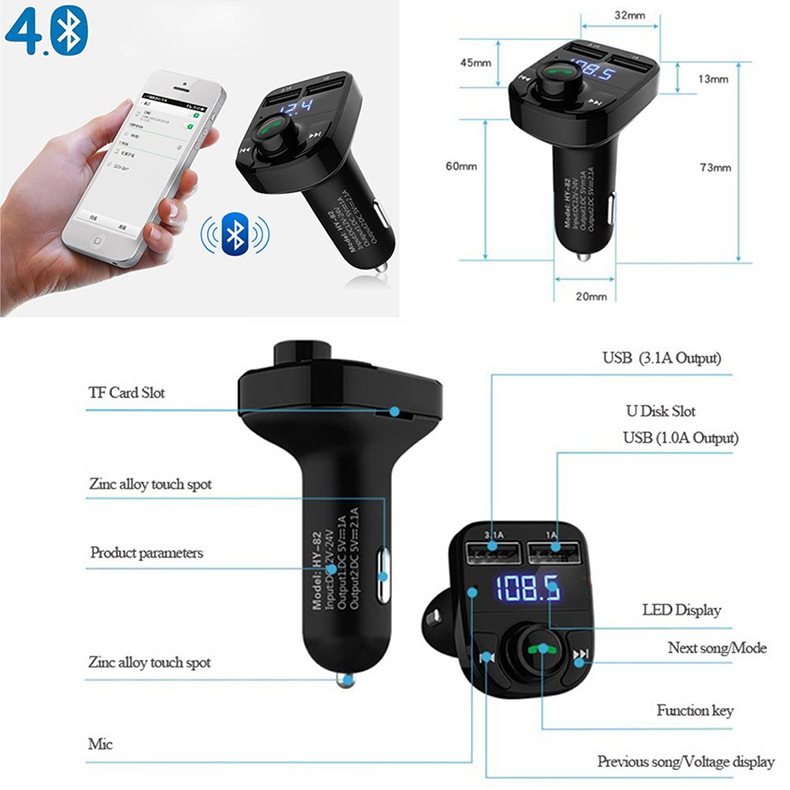 Hands-free calling car charger, wireless Bluetooth FM transmitter and radio receiver, Mp3 audio music stereo adapter, dual USB port charger, compatible with all smart phones, Samsung Galaxy, LG, HTC,
