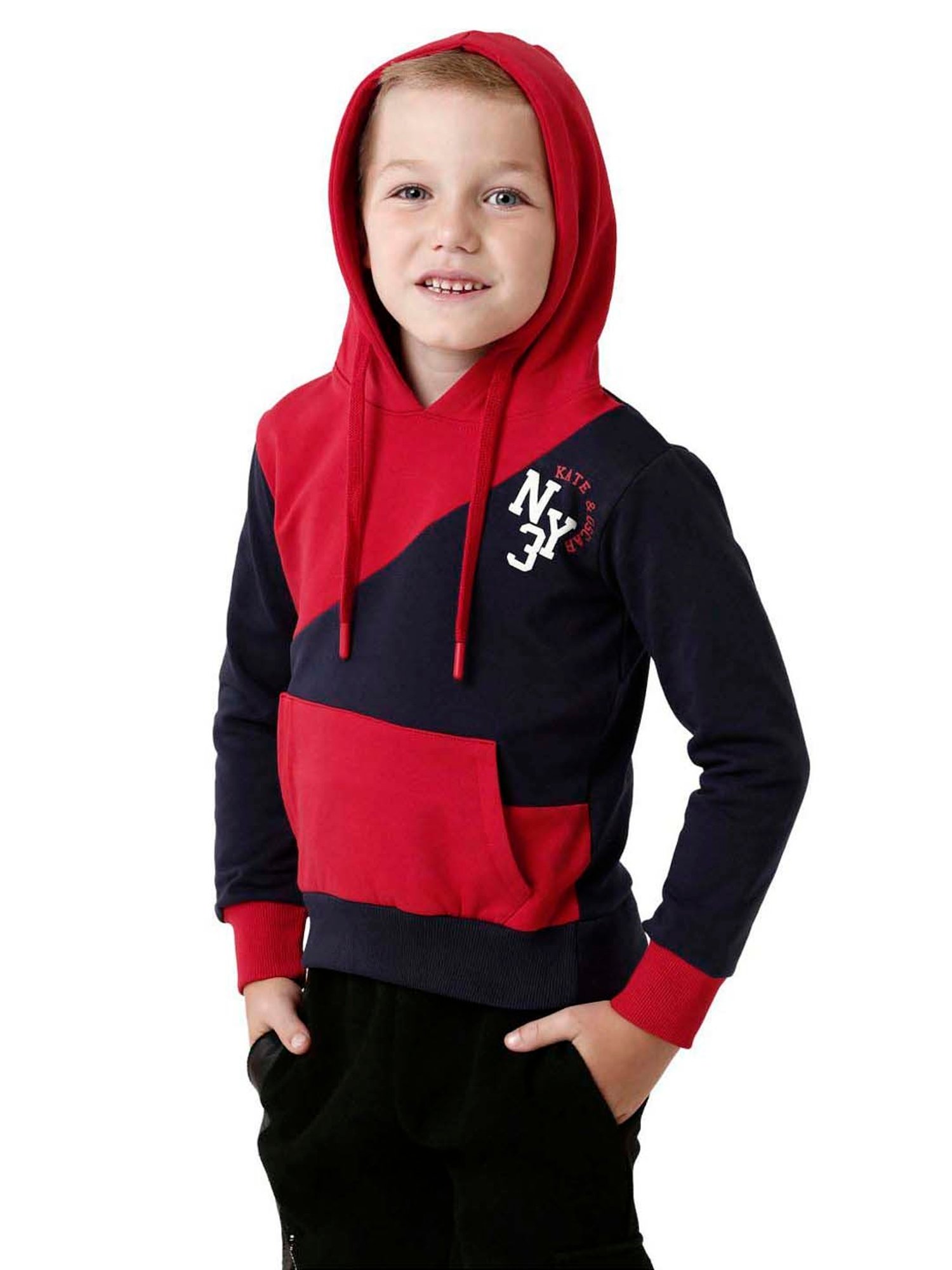Kate & Oscar Kids Red & Navy Cotton Color Block Full Sleeves Sweatshirt