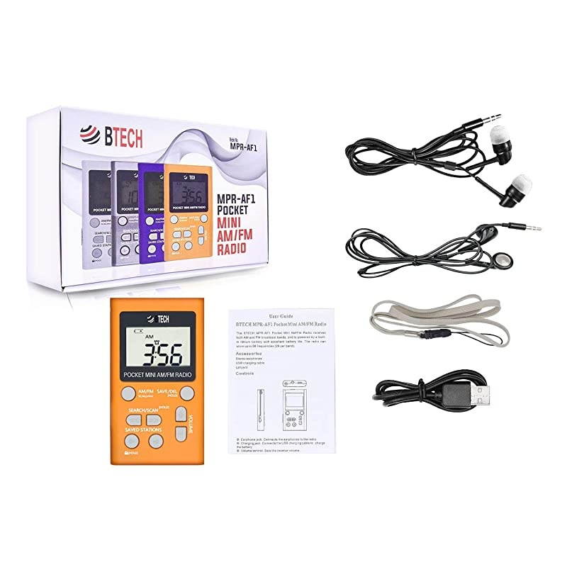 MPRAF1 AM FM Personal Radio with Two Types of Stereo Headphones Clock Great Reception and Long Battery Life Mini Pocket Walkman Radio with Headphones Orange