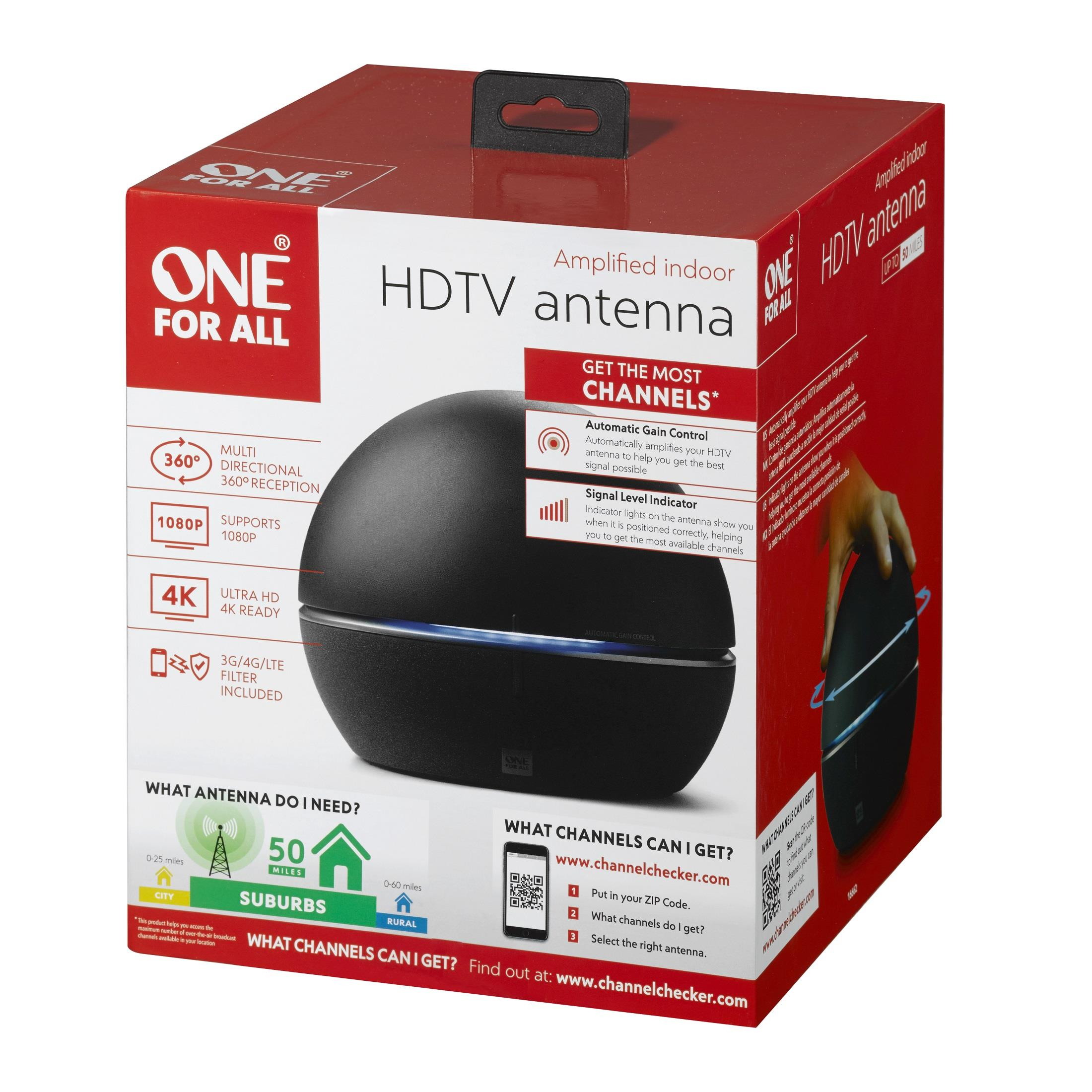 One For All 16662 HDTV Antenna - Amplified Indoor TV Antenna - 50 mile range - 8 Feet Coaxial Cable - black