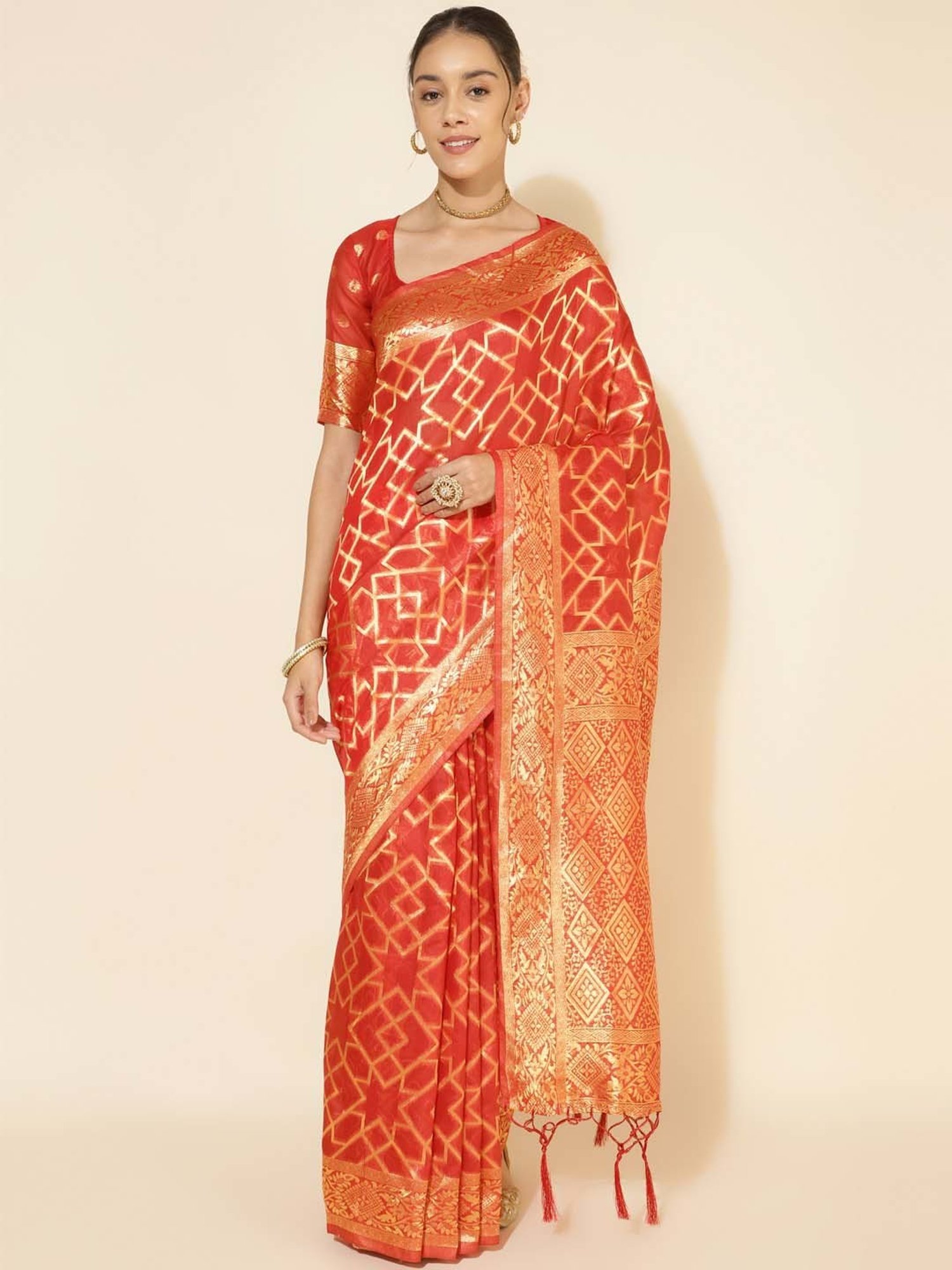 Janasya Red Silk Woven Saree With Unstitched Blouse