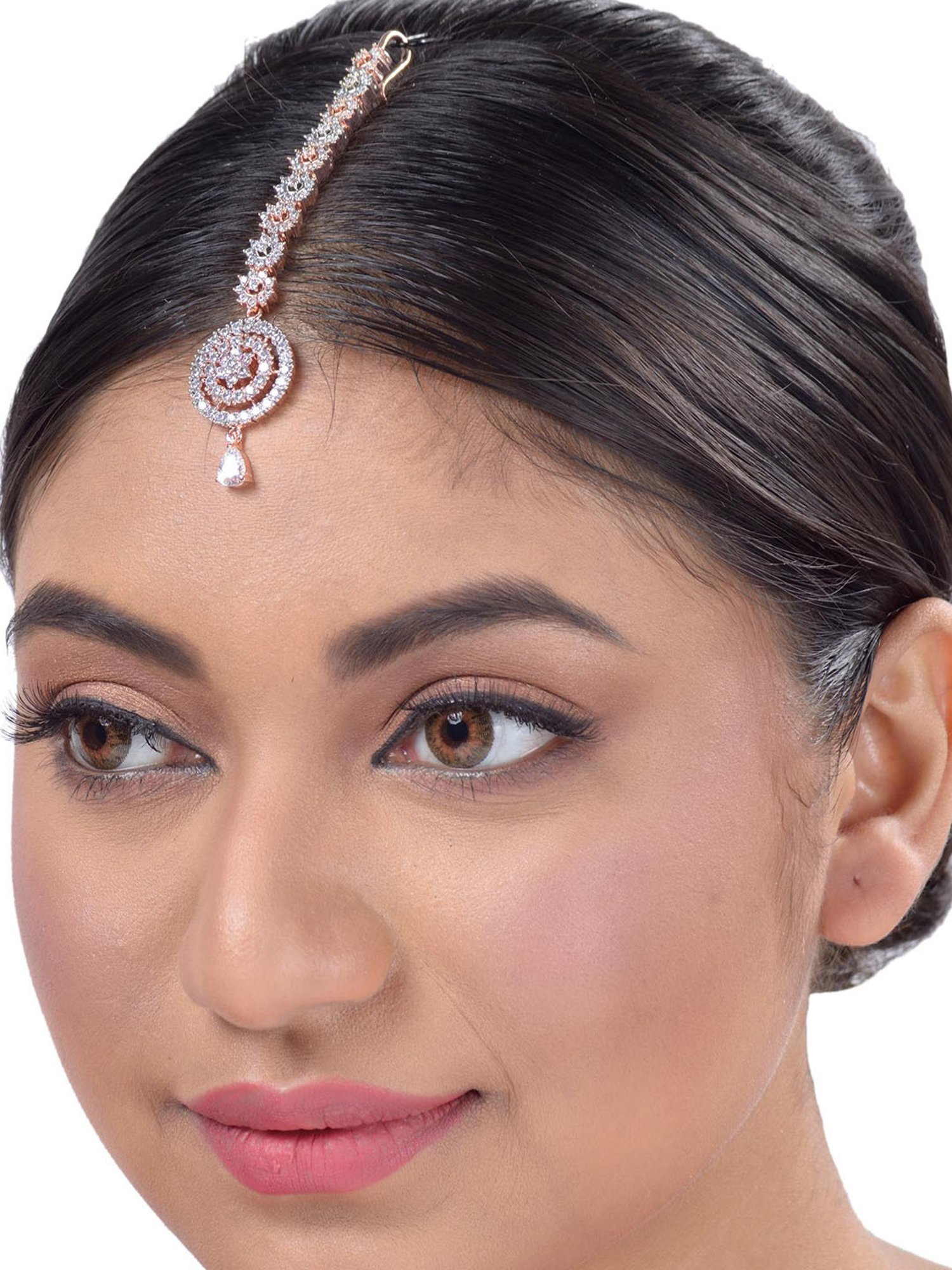 Saraf Rs Jewellery Intricate Design Diamond Maang Tikka Rose Gold Plated Studded For Women & Girls