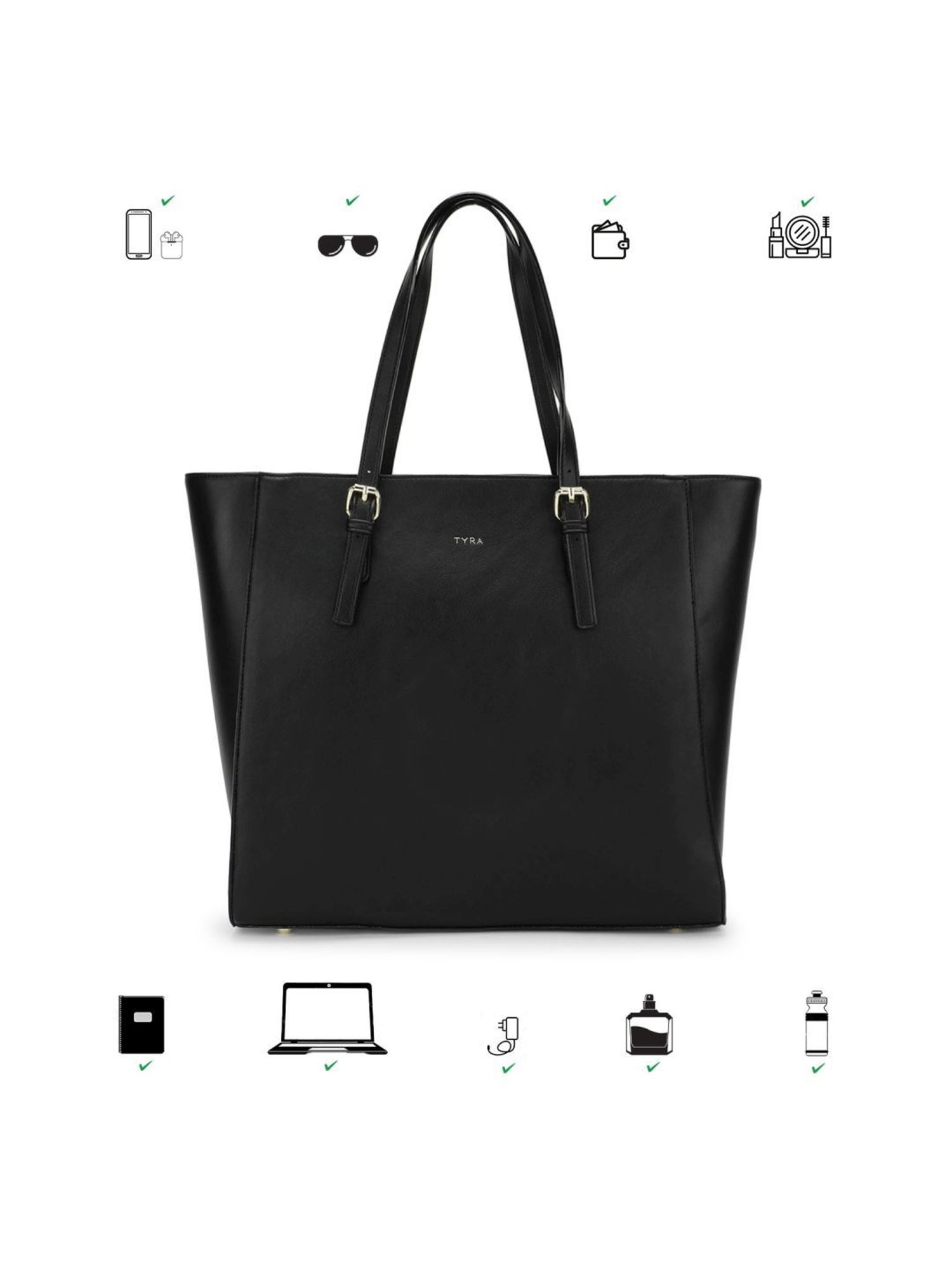 Tyra Abelia Black Solid Faux Leather Tote Handbag