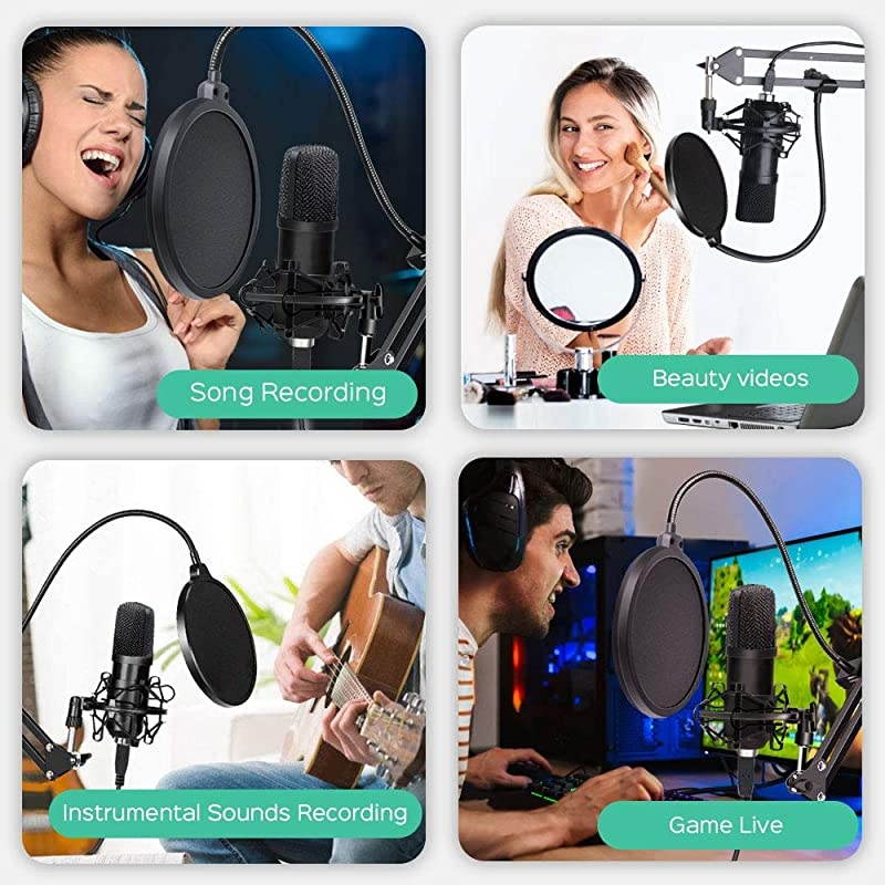 USB Condenser Microphone Kit192Khz24Bit Studio Recording Microphone PC Streaming Cardioid Mic with Professional Sound Chipset Flexible Arm Pop Filter Set for YouTube Video Podcast Game