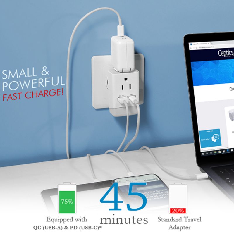 European Travel Adapter | Type C - USB-A & USB-C Ports + 2 USA Outlet (AP-9C)