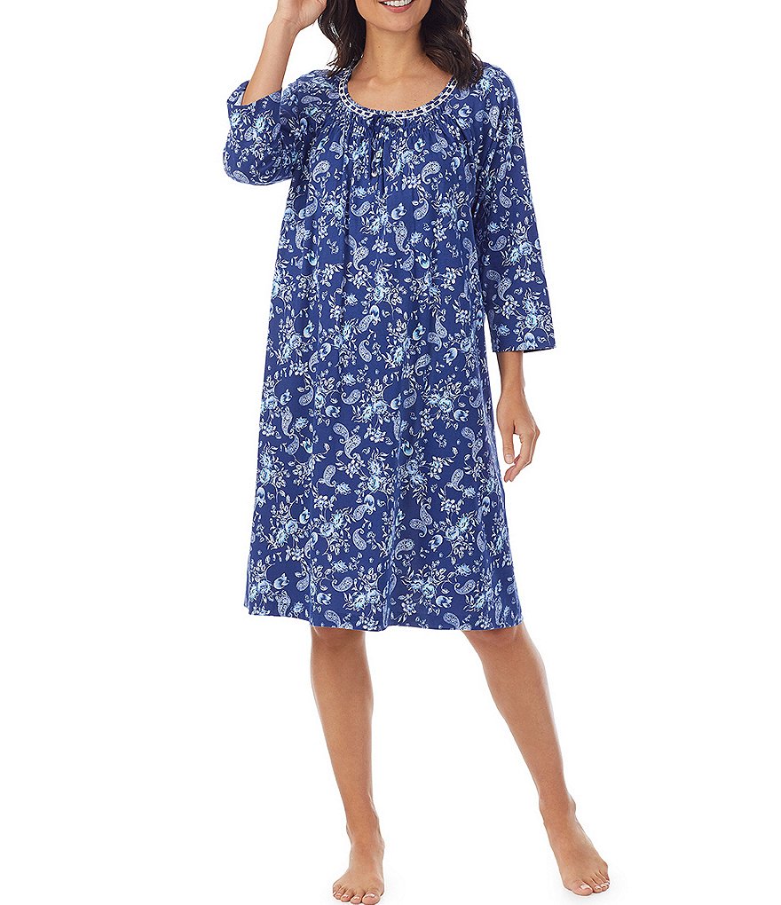 Carole Hochman Paisley & Floral Print Jersey Knit Scoop Neck 3/4 Sleeve Waltz Nightgown