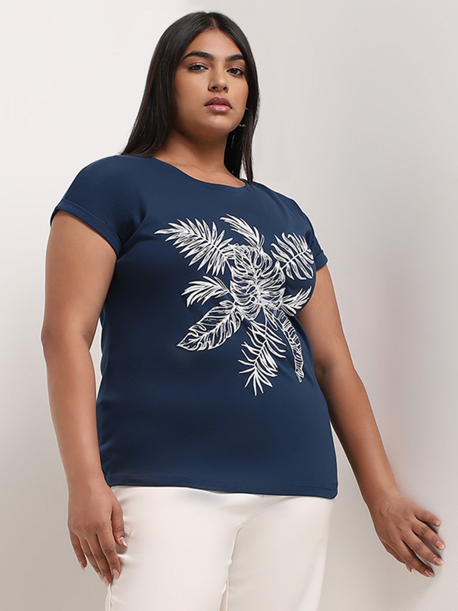 Gia by Westside Dark Blue Leaf Embossed Top