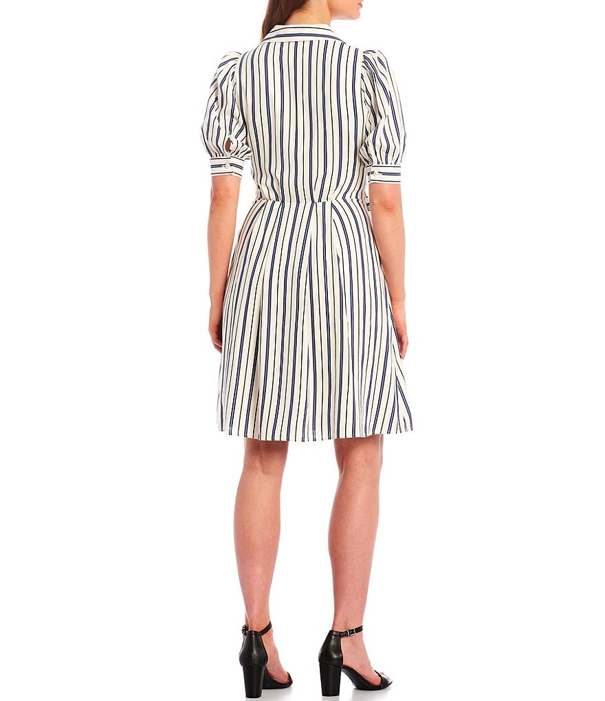 Alex Marie Petite Size Whitney Linen Pearl Button Front Sash Waist Puff Sleeve Dress