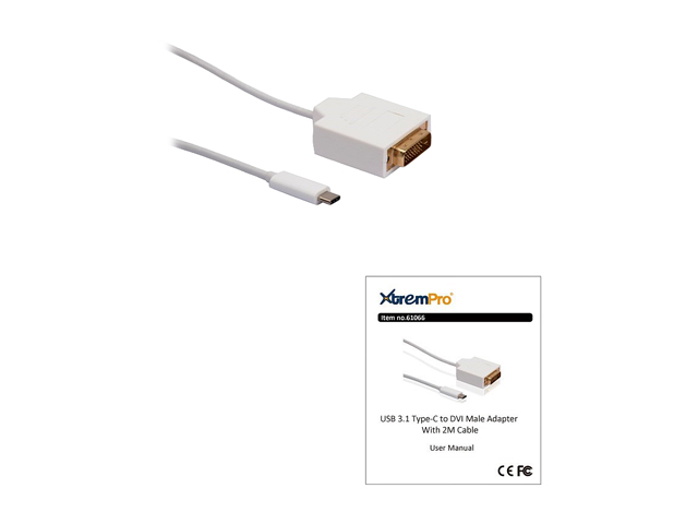 XtremPro 61066 3.1 USB Type-C to DVI Male Adapter Cable w/ 6.6ft, 2M Cable for Macbook, Chromebook - White
