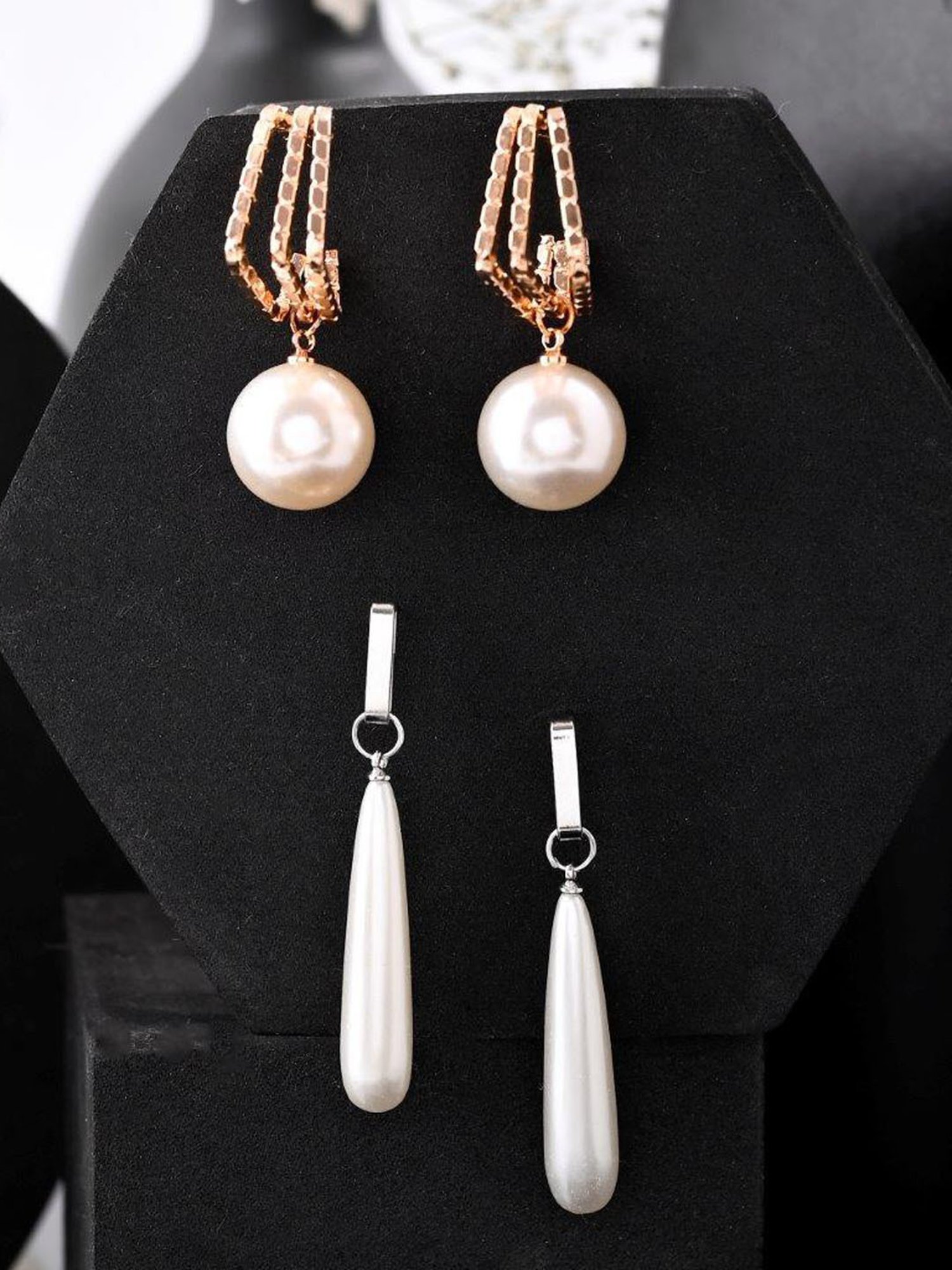 VOJ Set of 2 Korean Drop Earrings - Gold Plated and Silver Plated with White Pearl for Women