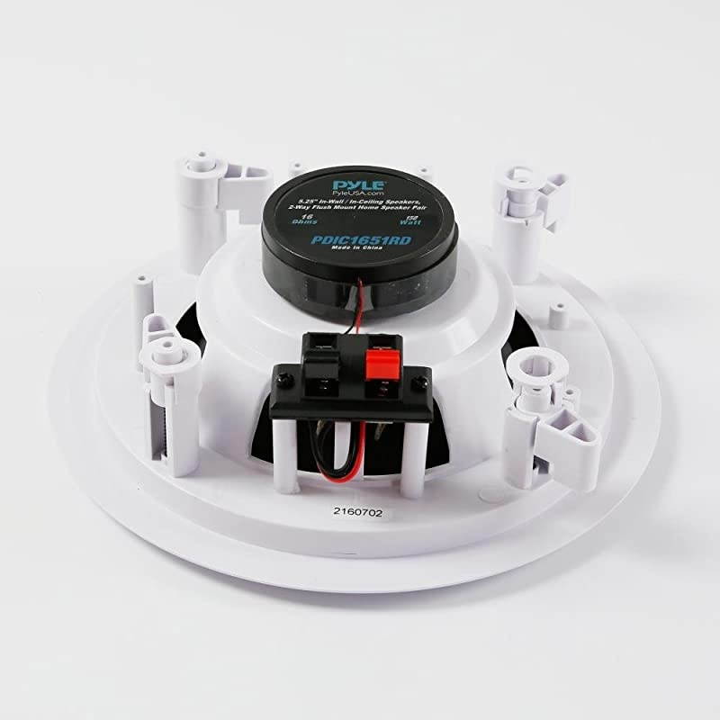 Pair 525 Flush Mount inWall inCeiling 2Way Home Speaker System Spring Loaded Quick Connections Dual Polyprone Cone Polymer Tweeter Stereo Sound 150 Watts PDIC1651RD White
