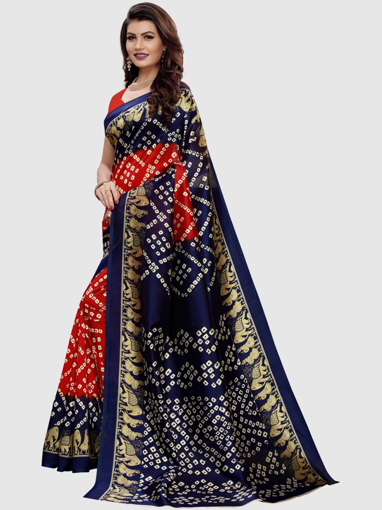 KSUT Navy & Red Printed Saree With Blouse