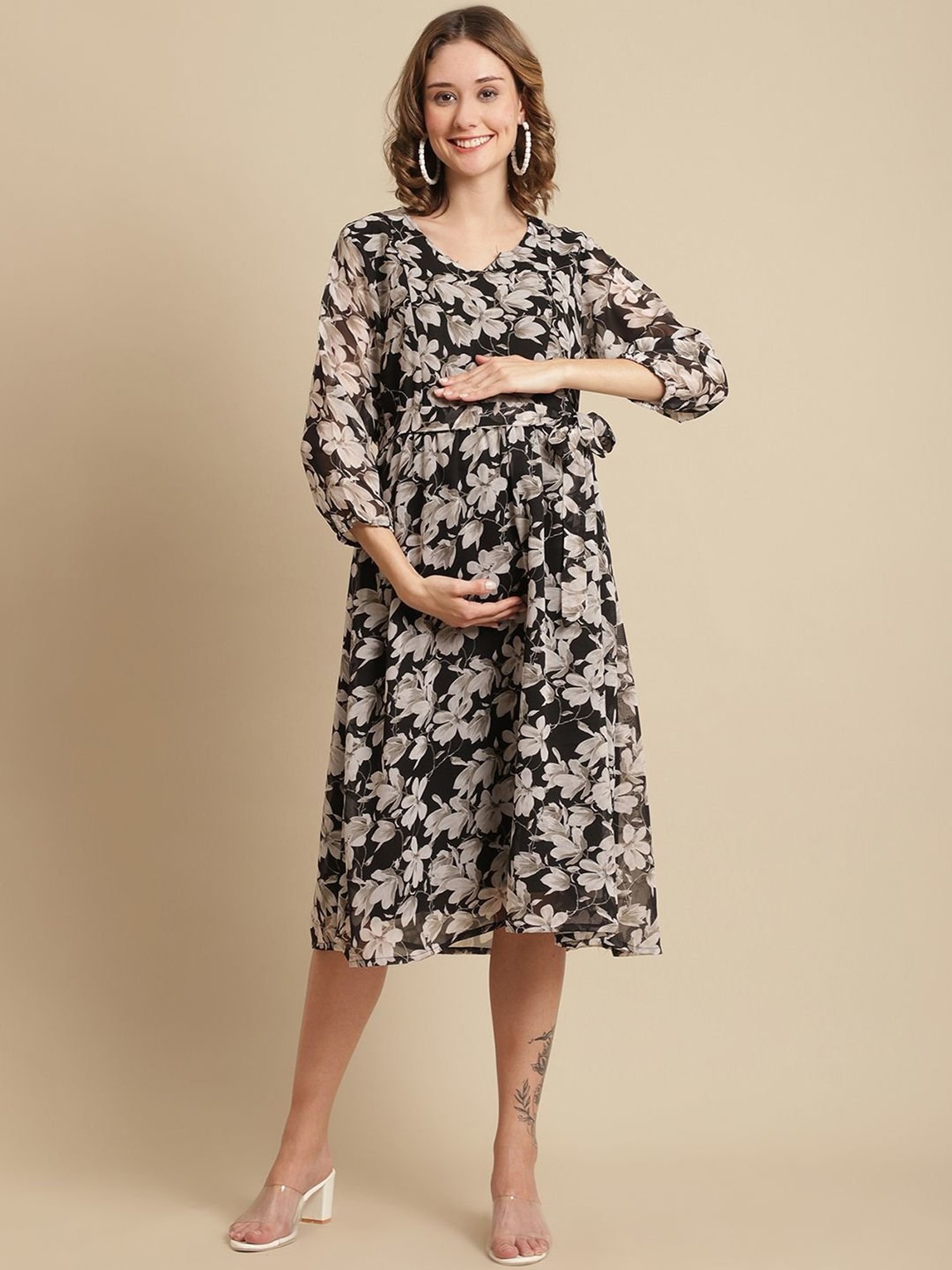 Moms Maternity Black Printed Dress