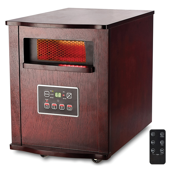 H-8010 3-Setting 1,500-Watt-Max Portable Wood-Cabinet Infrared Quartz Heater with Remote, LCD Display, and Wheeled Base
