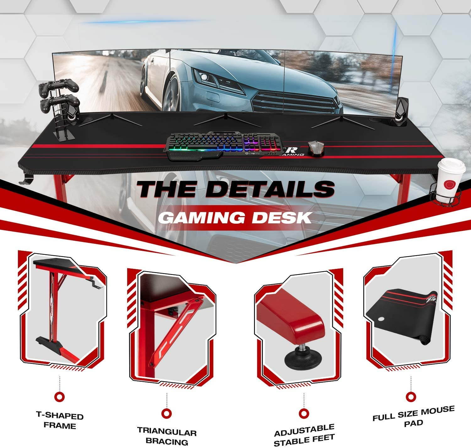Devoko 63 Inch Gaming Desk T-Shaped PC Computer Table with Free Mouse Pad Carbon Fibre Surface Home Office Desk Gamer Table with Game Handle Rack Headphone Hook and Cup Holder (Red)
