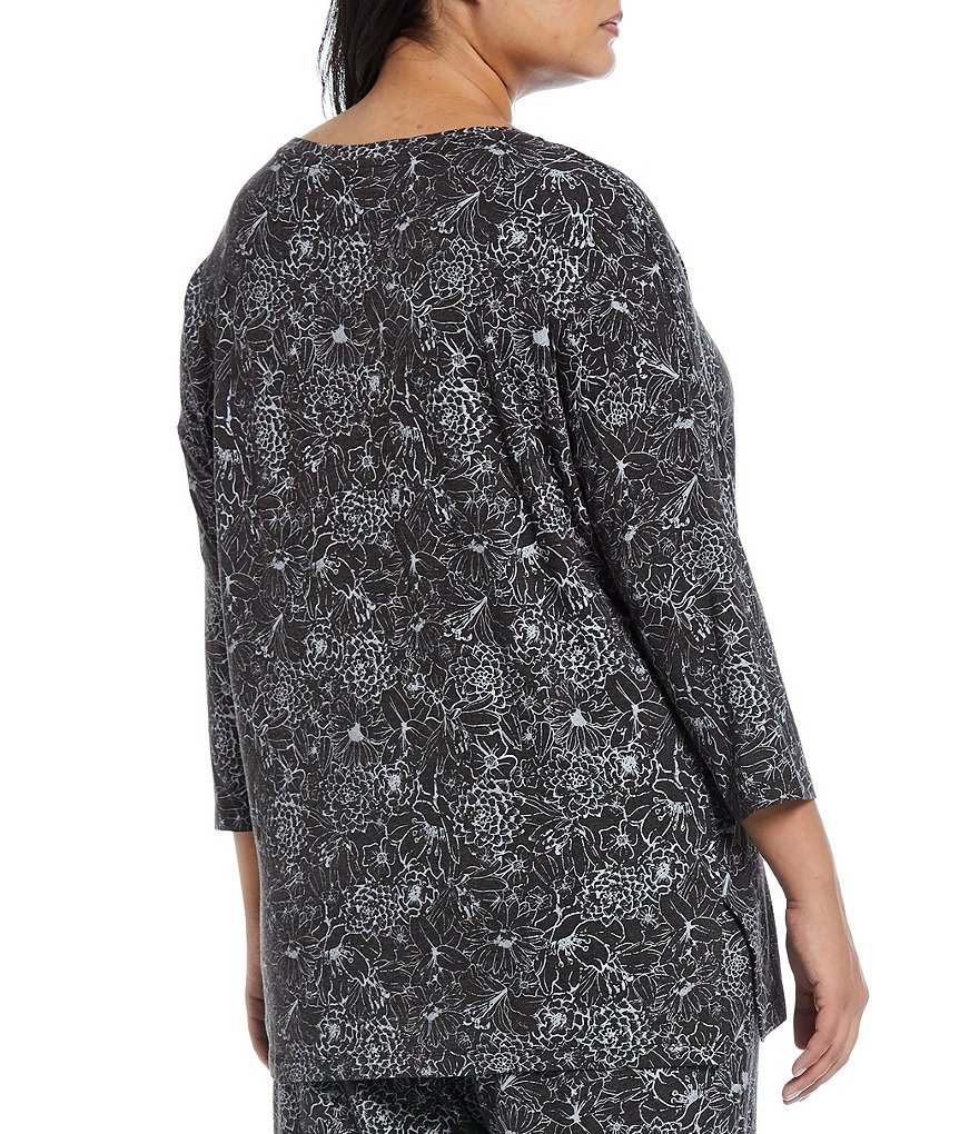 VAN WINKLE & CO. Plus Floral Print Round Neck 3/4 Sleeve Jersey Knit Sleep Top