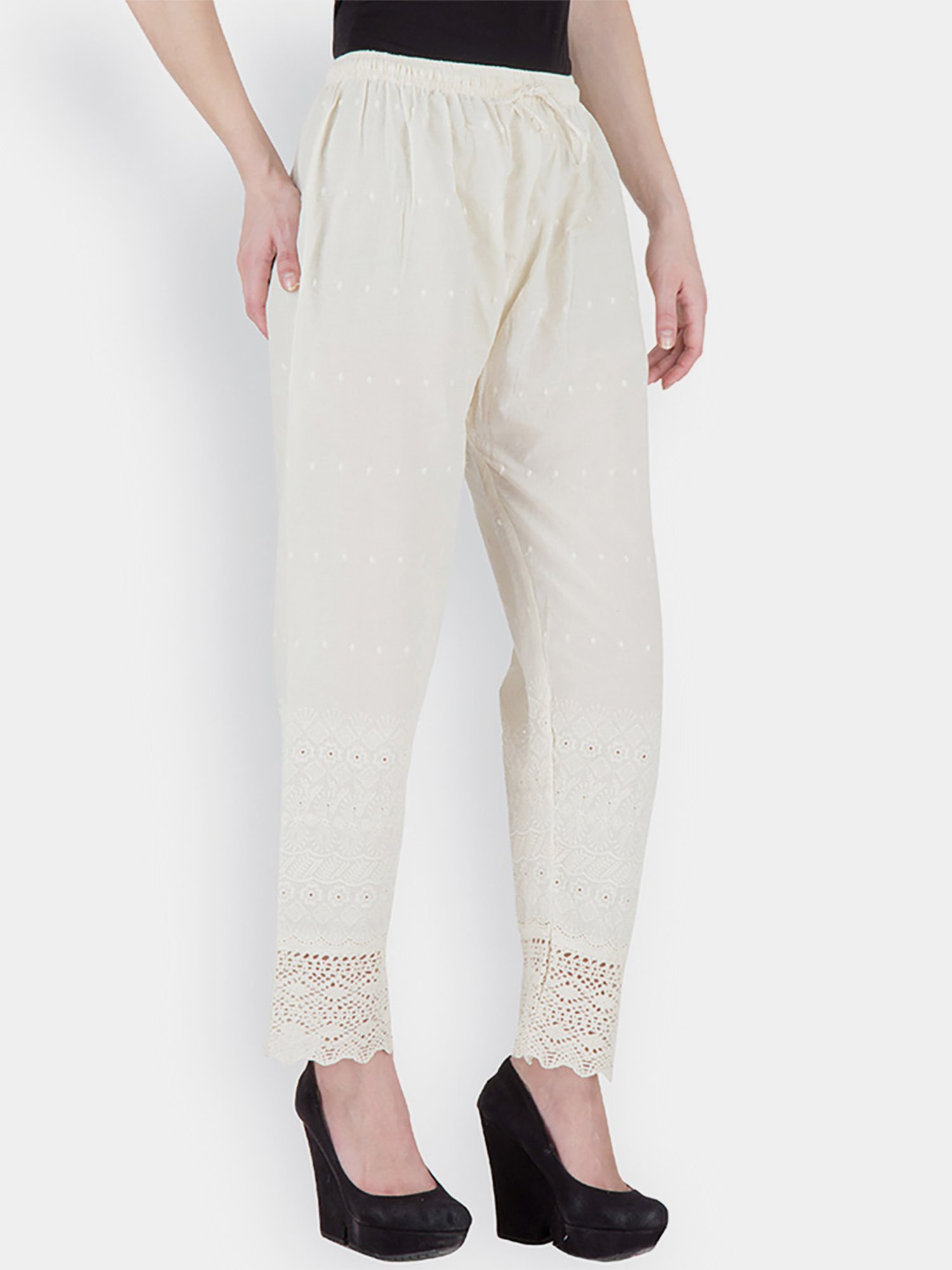 Castle Off-White Cotton Embroidered Palazzos