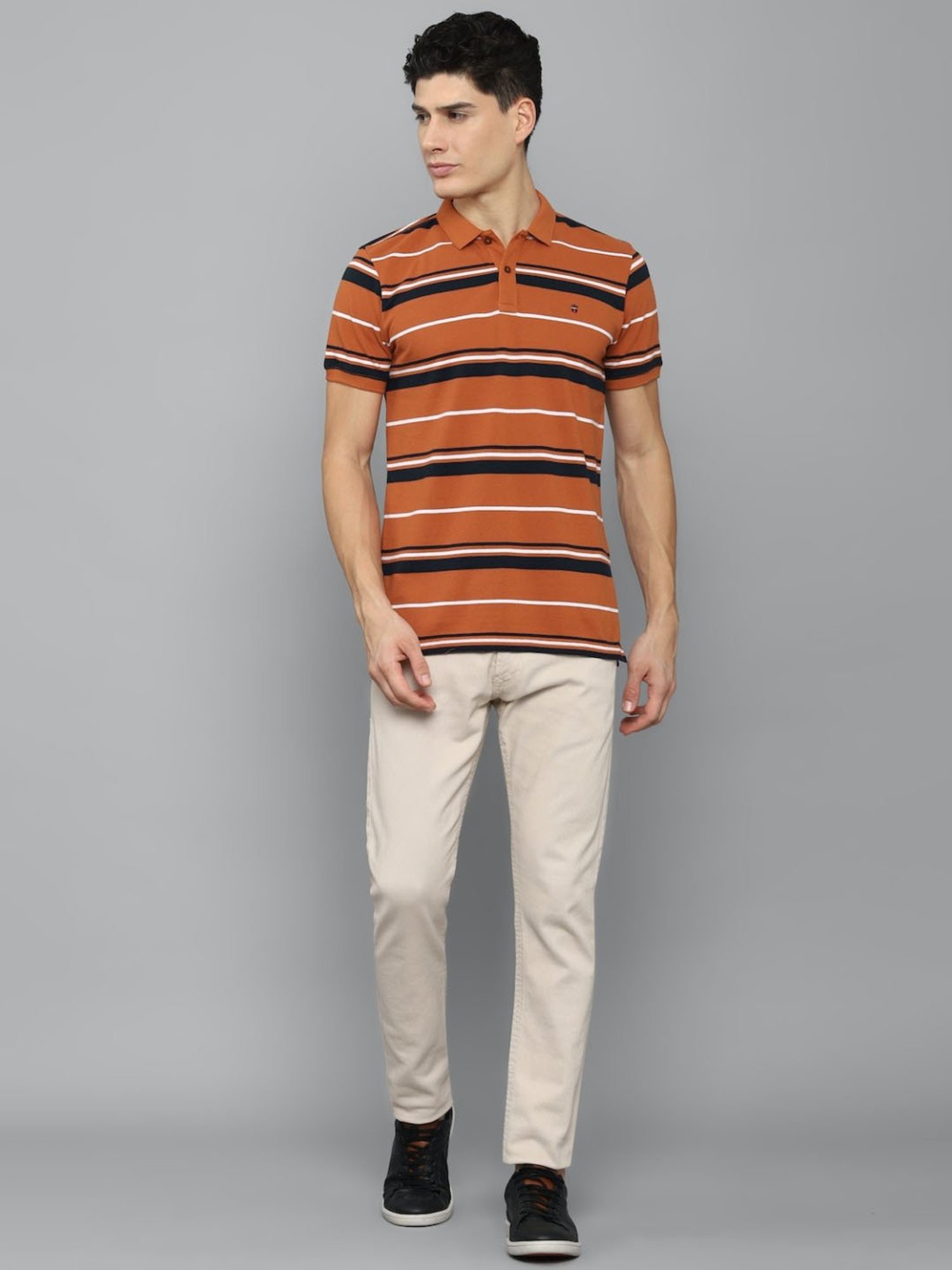 Louis Philippe Sport Orange Cotton Slim Fit Striped Polo T-Shirt