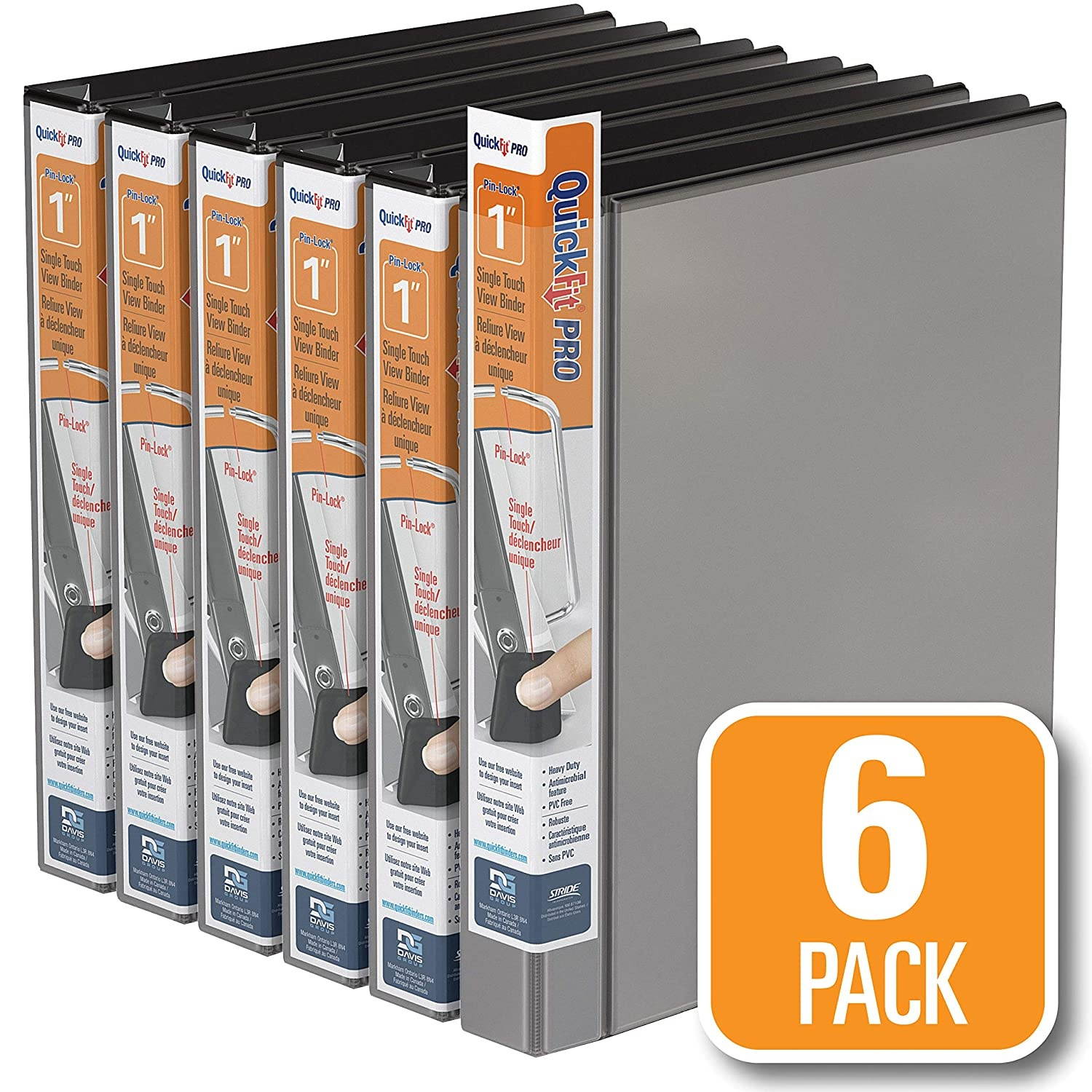 QuickFit PRO Heavy Duty Single Touch View Binder, 1 Inch, Locking D Ring, Black, 6 Pack (90011-06)