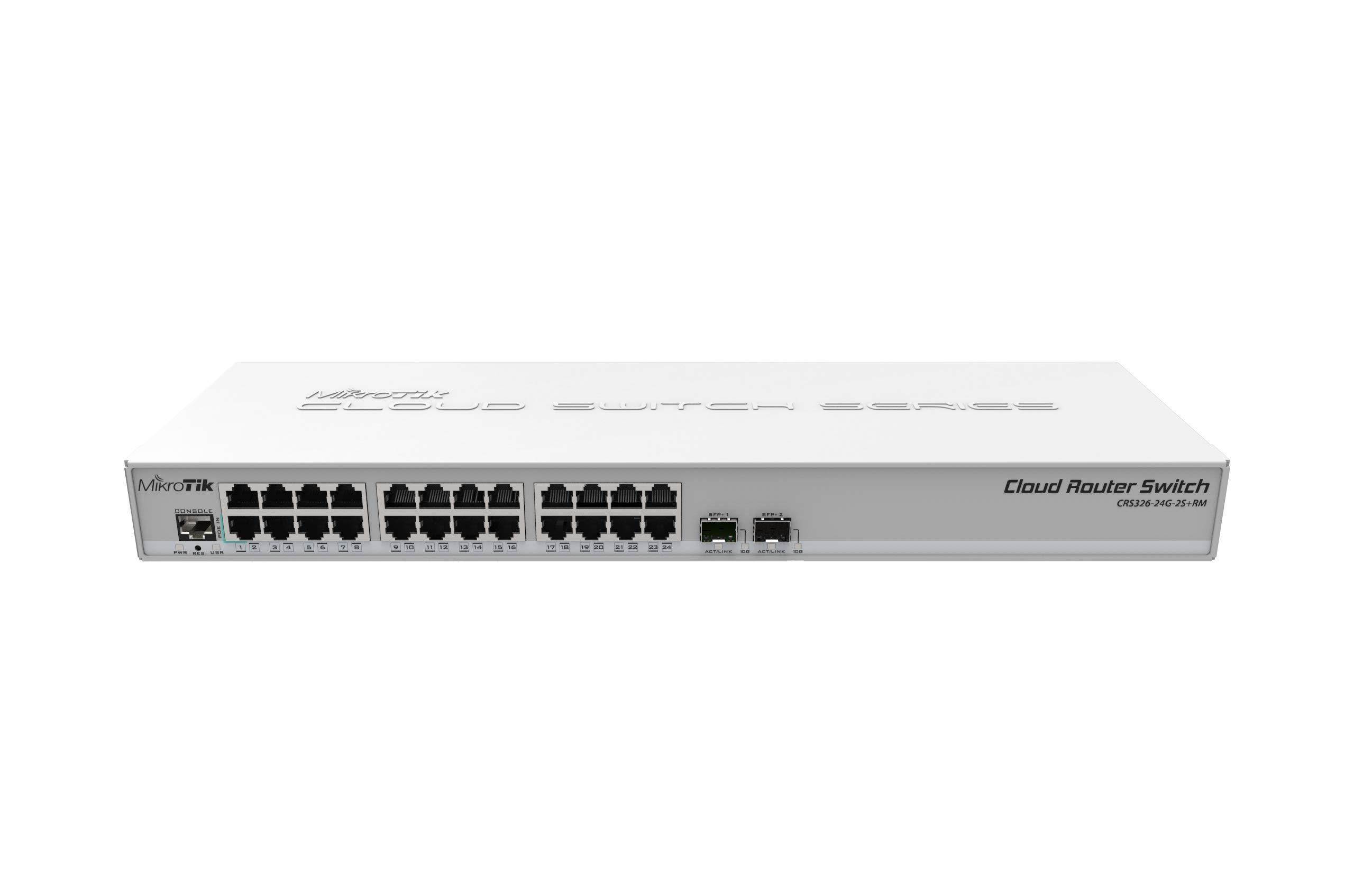 Mikrotik CRS326-24G-2S+RM Cloud Router Switch 326-24G-2S+RM 24 Gigabit port switch with 2 x SFP+ cages in 1U rackmount case, Dual boot (RouterOS or SwitchOS)