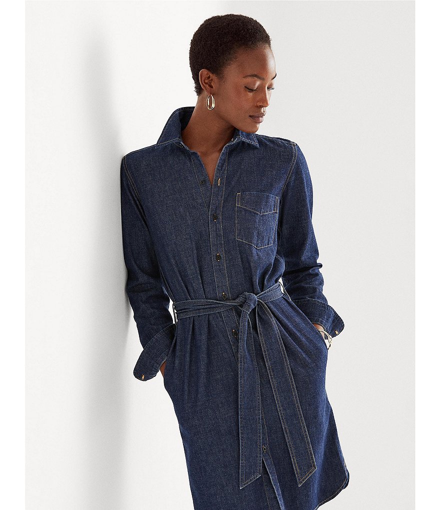 Lauren Ralph Lauren Jameika Denim Long Sleeve Button-Down Collar V-Neck Button Down Shirt Dress
