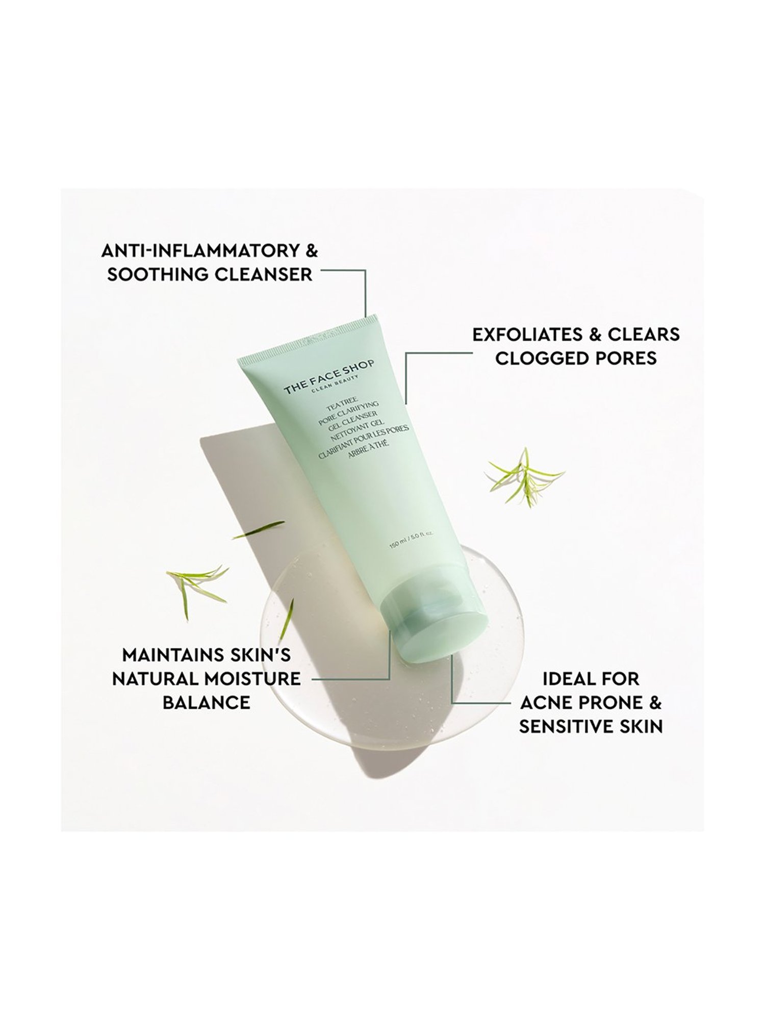 The Face Shop Tea Tree Pore Mild Gel Cleanser with AHA, IP-BHA, PHA & Hyaluronic Acid - 150 ml