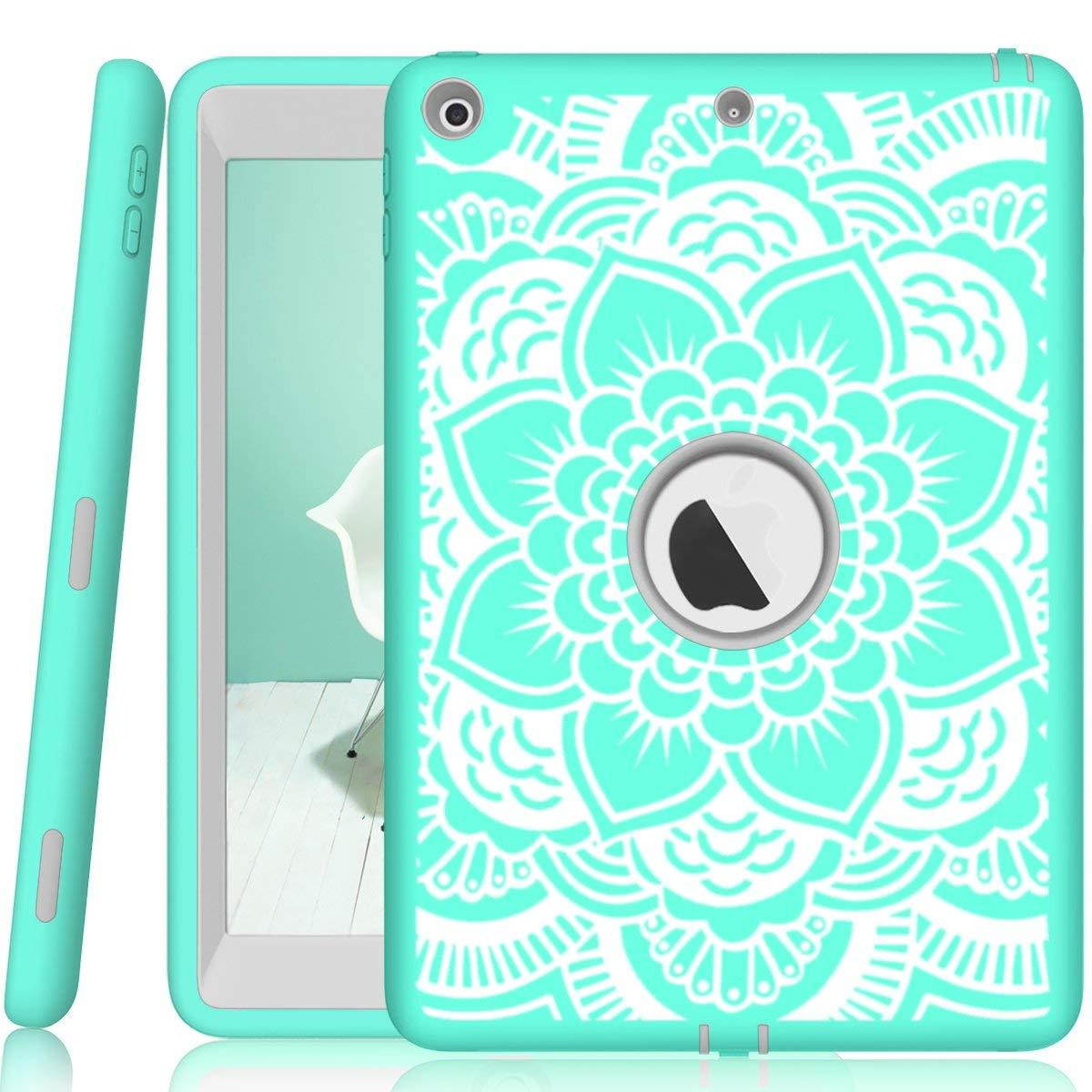 iPad 5th/6th Generation Case, Hocase Heavy Duty Shock Absorbent Rubber+Hard Plastic Dual Layer Protective Case w/ Mandala Floral Print and Kickstand for iPad 9.7 2018/2017 - Mint Green / Gray