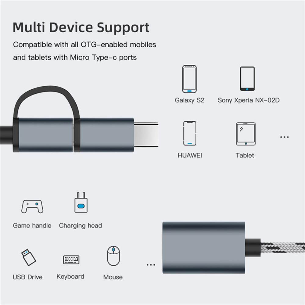 2 in 1 USB 3.0 OTG Cable Nylon Braid Micro USB Type C Data Sync Charge Adapter for Samsung One Plus MacBook USBC Type-C OTG - Golden