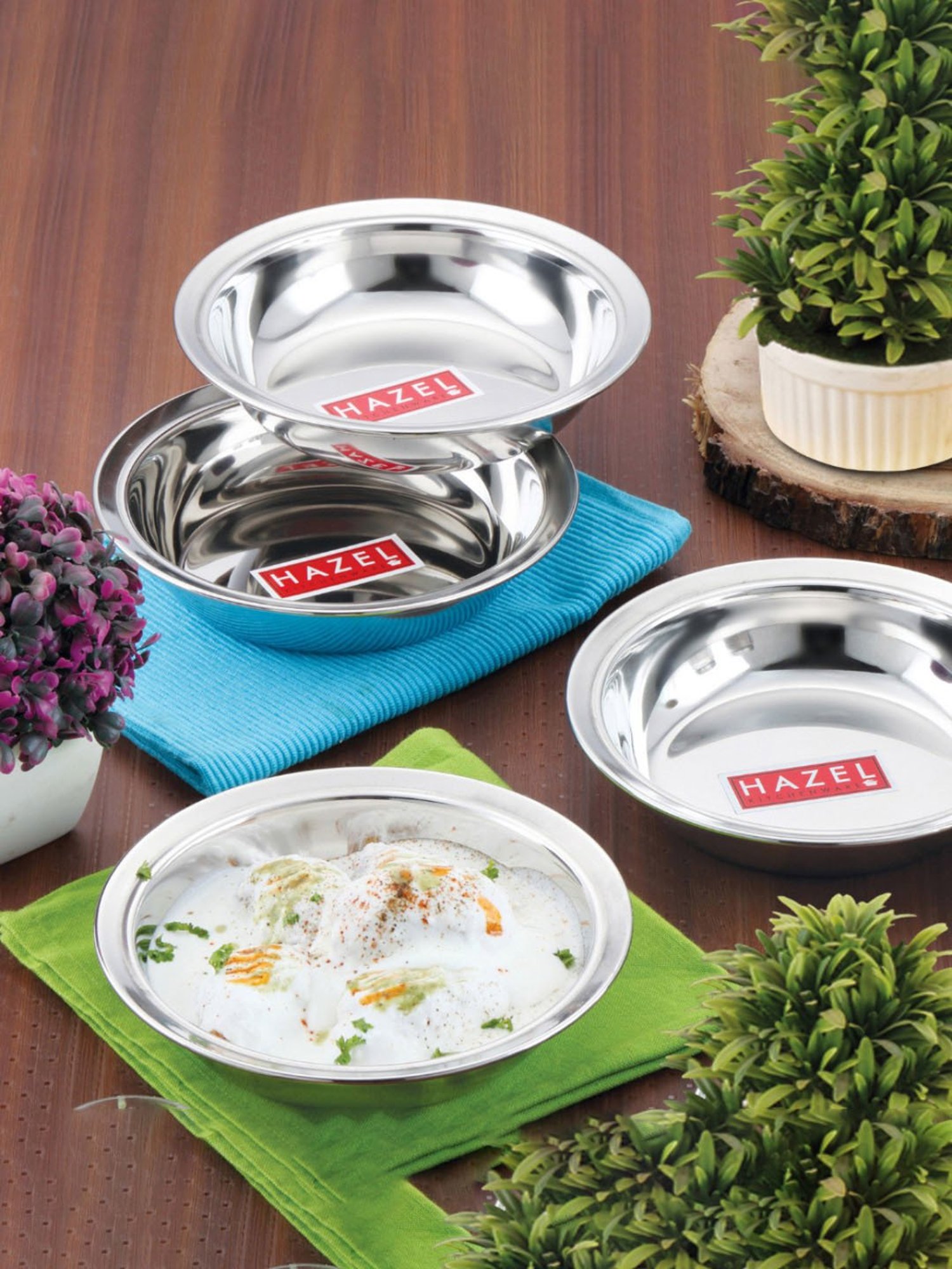 HAZEL Silver Stainless Steel Dahi Wada Mixing Bowl (Set of 4)