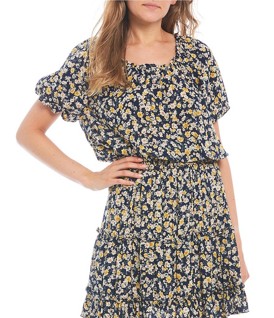 Blu Pepper Coordinating Ditsy Floral Balloon Sleeve Top