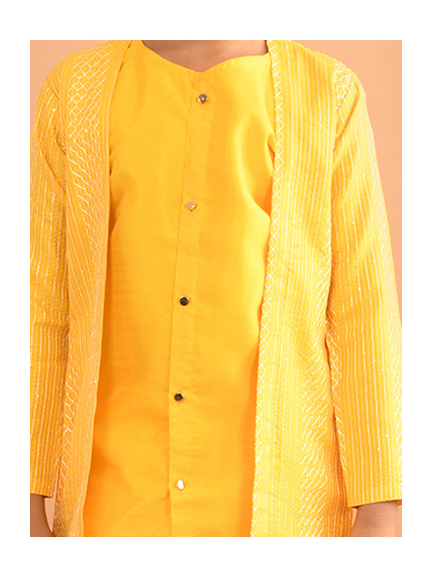 VASTRAMAY Boys Yellow & White Cotton Printed Full Sleeves Kurta Sets