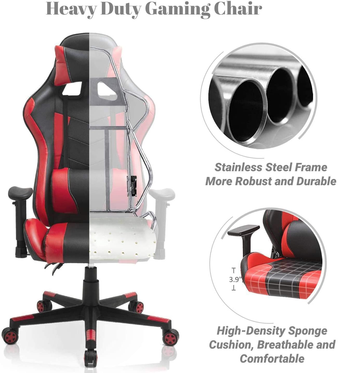 Video Game Chair, Ergonomic Computer Gaming Chair Big and Tall PC Racing Office Chair PU Leather Executive Task Chair Swivel Desk Chair with Adjustable Armrests Headrest and Lumbar Support (Red)