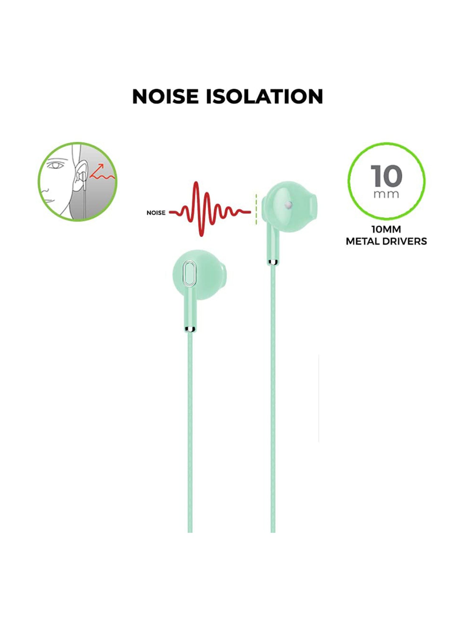 ULTRAPROLINK Pastels UM1130, 10mm Noise Isolation Drivers, Hands Free Earphones with mic (Green)
