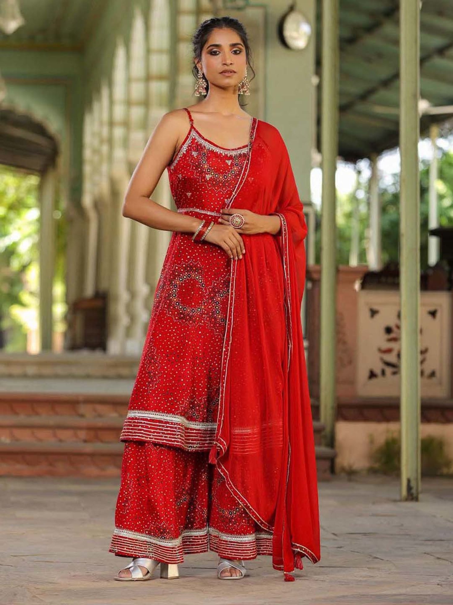 SCAKHI Crimson Red Printed Kurta Sharara Set With Dupatta