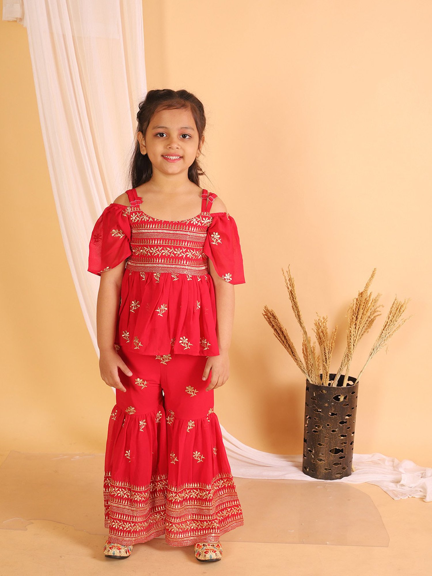 TWISHA Kids Red Embroidered Top with Sharara