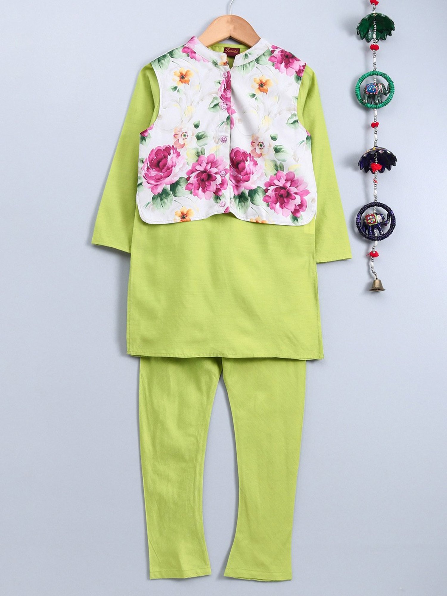 TWISHA Kids Lime Green & White Floral Print Full Sleeves Kurta , Pyjamas with Jacket