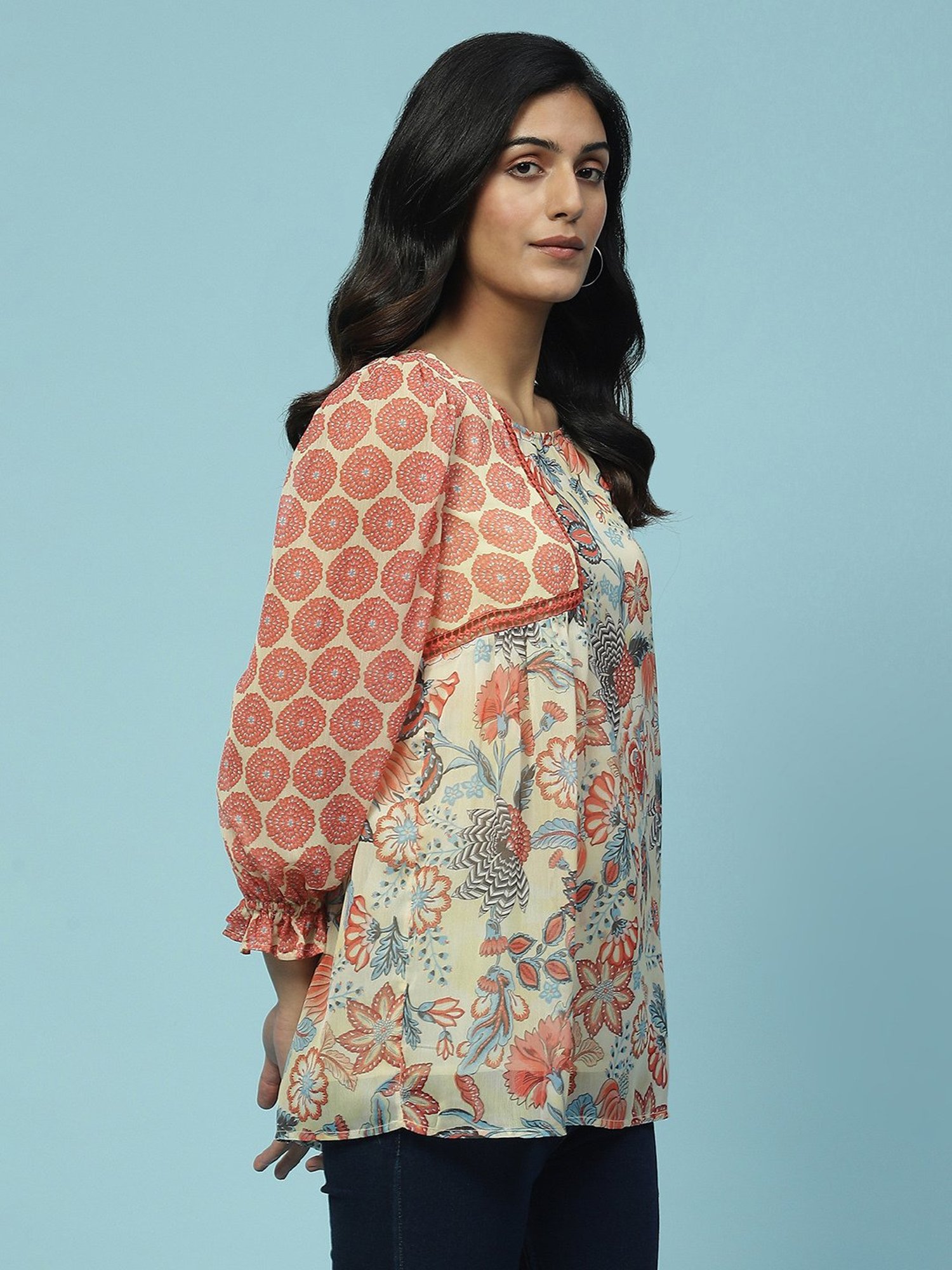 aarke Ritu Kumar Off White Floral Print Top With Camisole