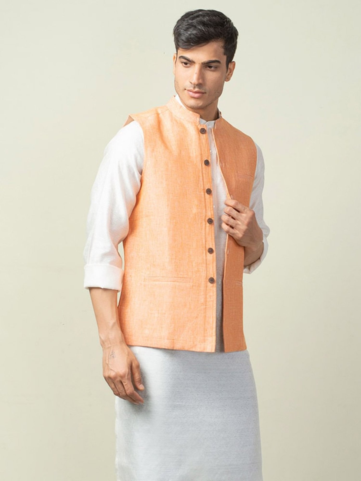 Fabindia Orange Regular Fit Printed Linen Nehru Jacket