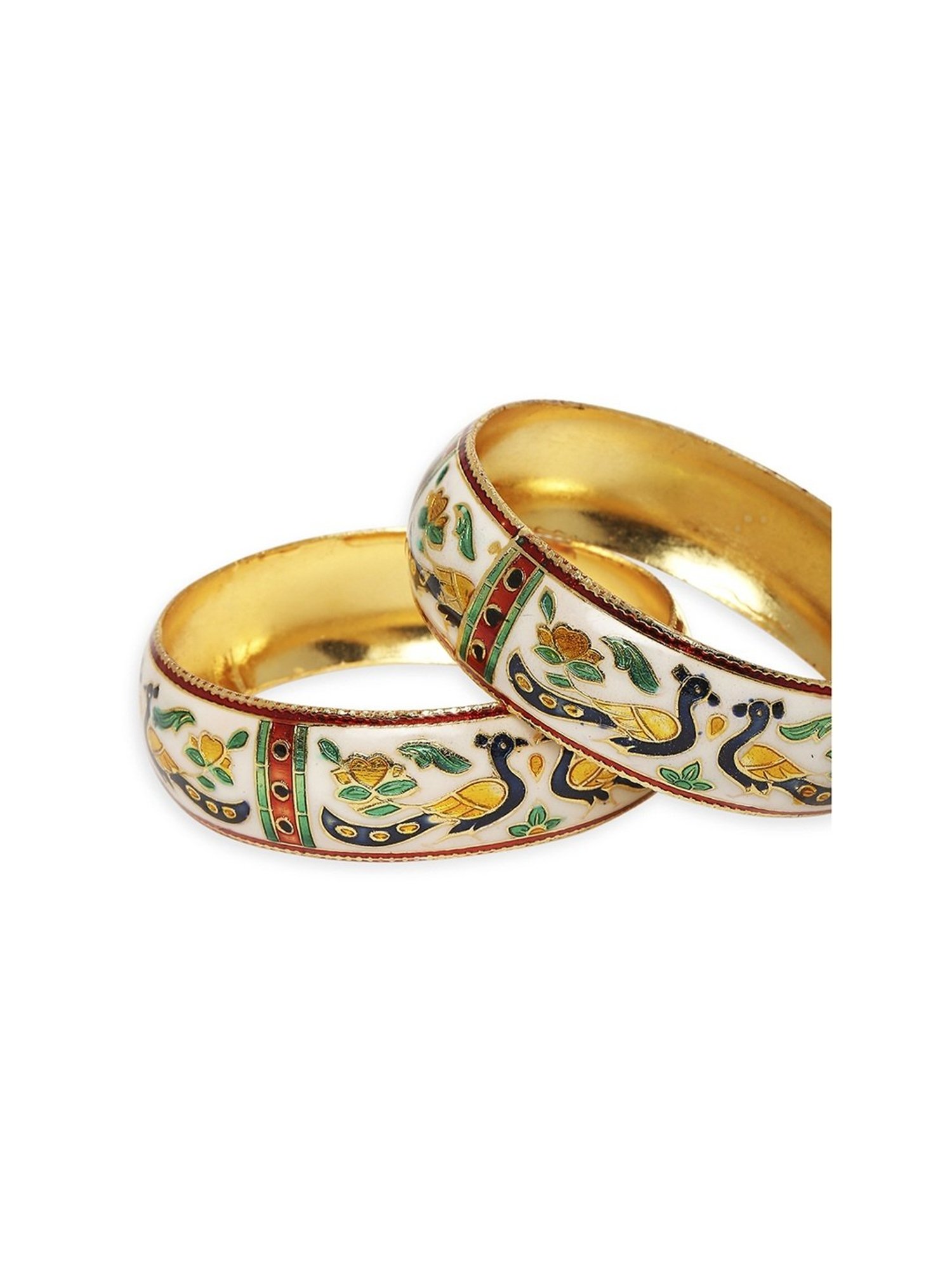 Oomph Jewellery White Meenakari Peacock Design Brass Bangles - Set of 2