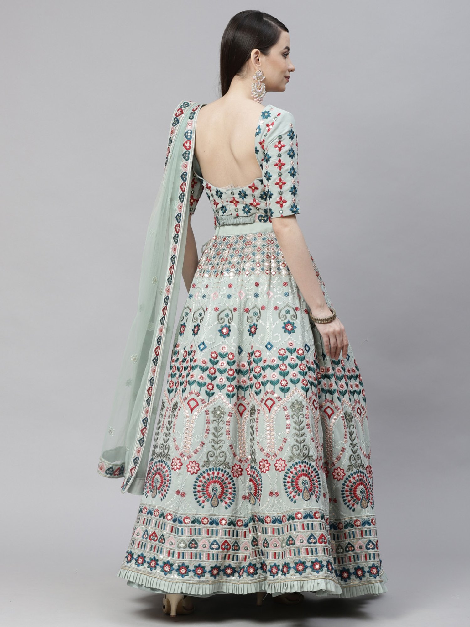 SHUBHKALA Pista Green Embellished Lehenga and Choli Set With Dupatta