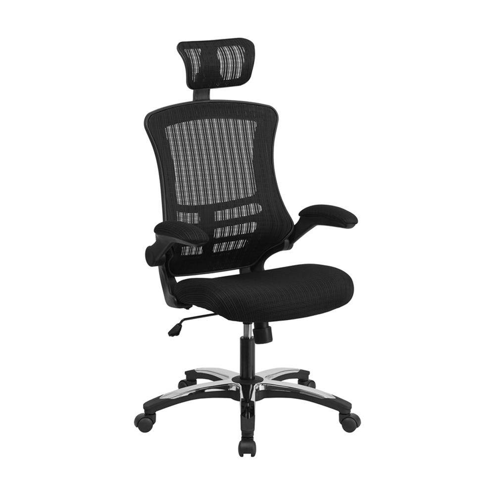 High-Back Black Mesh Swivel Ergonomic Executive Office Chair with Flip-Up Arms and Adjustable Headrest, BIFMA Certified