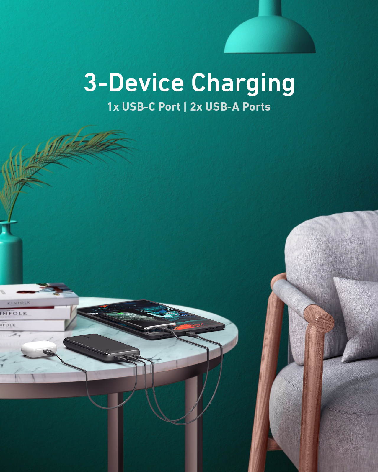 AUKEY Ultra- Slim USB C Power Bank, Portable Charger with Huge 20000mAh Capacity, 2 USB Ports and 1 USB-C Port, Fast Charging Power Bank for iPhone 11/11 Pro, iPad, Samsung Galaxy & More PB-N93
