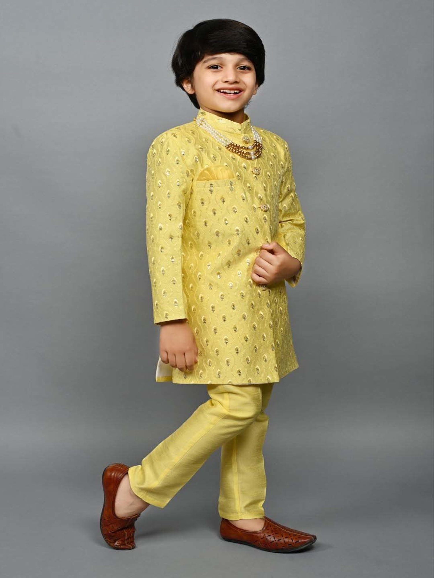 Ahhaaaa Kids Yellow Embellished Full Sleeves Sherwani Set