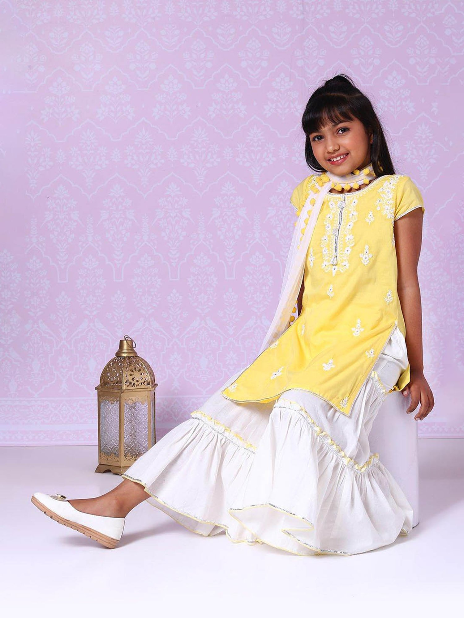 BIBA Girls White & Yellow Embroidered Kurta, Palazzos with Dupatta